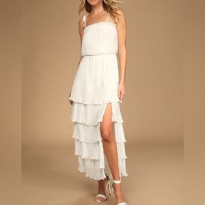 Lulu’s Playing Cupid White Pleated Tiered Ruffled Tie-Strap Maxi Dress